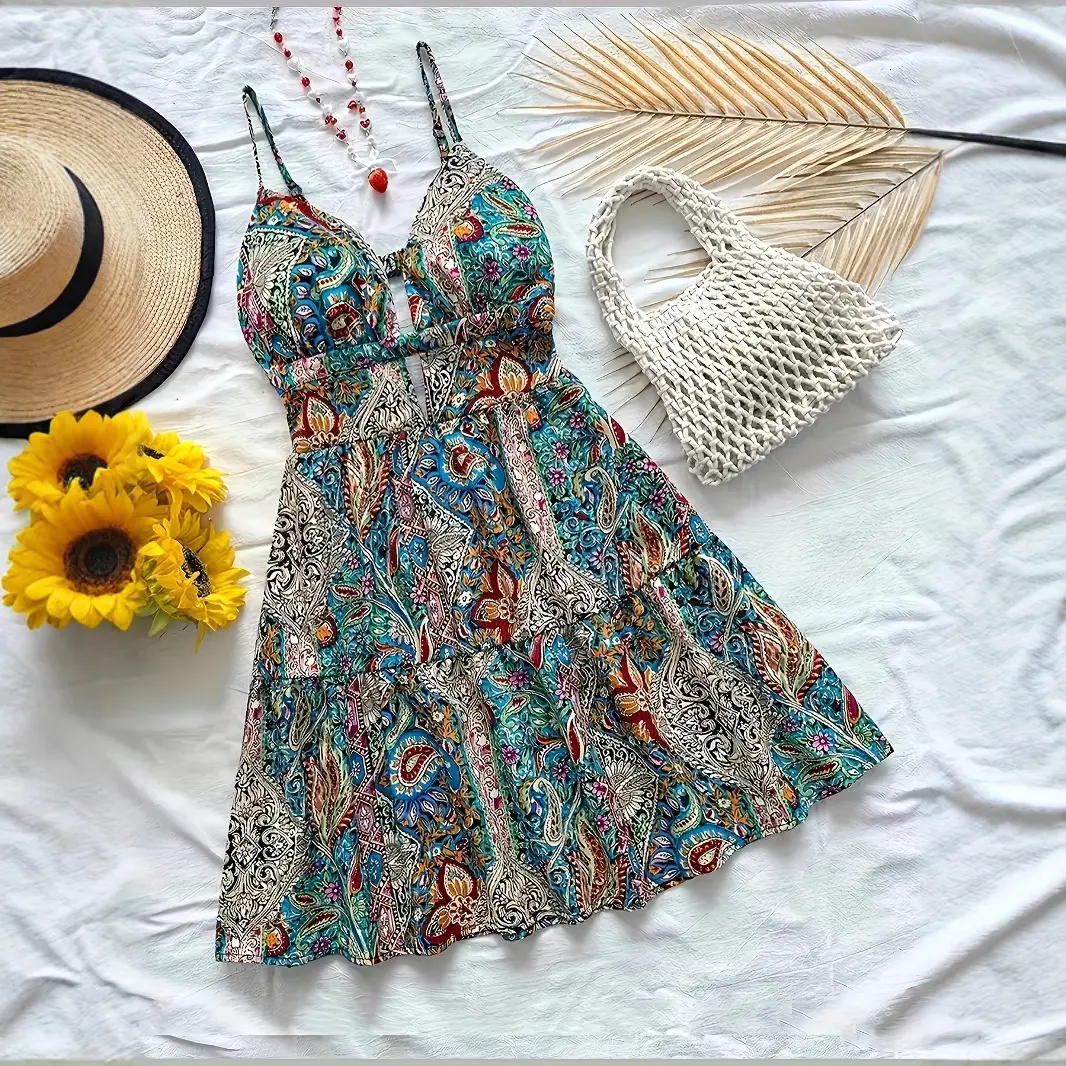 Fashionable Women's Floral-print Hollow-out Strap Beach Dress