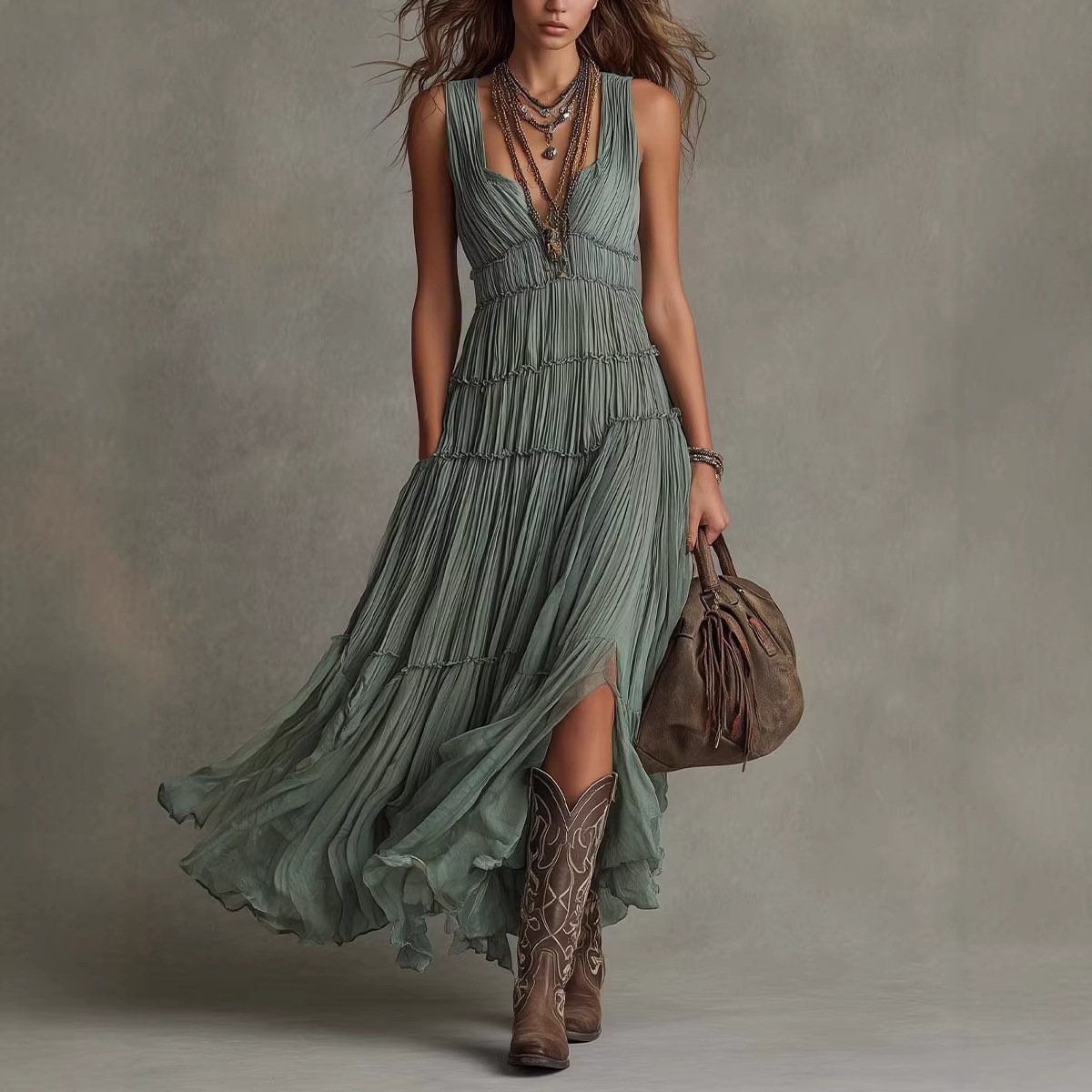 Womens Round-neck Sleeveless Loose-fitting Pleated Dress