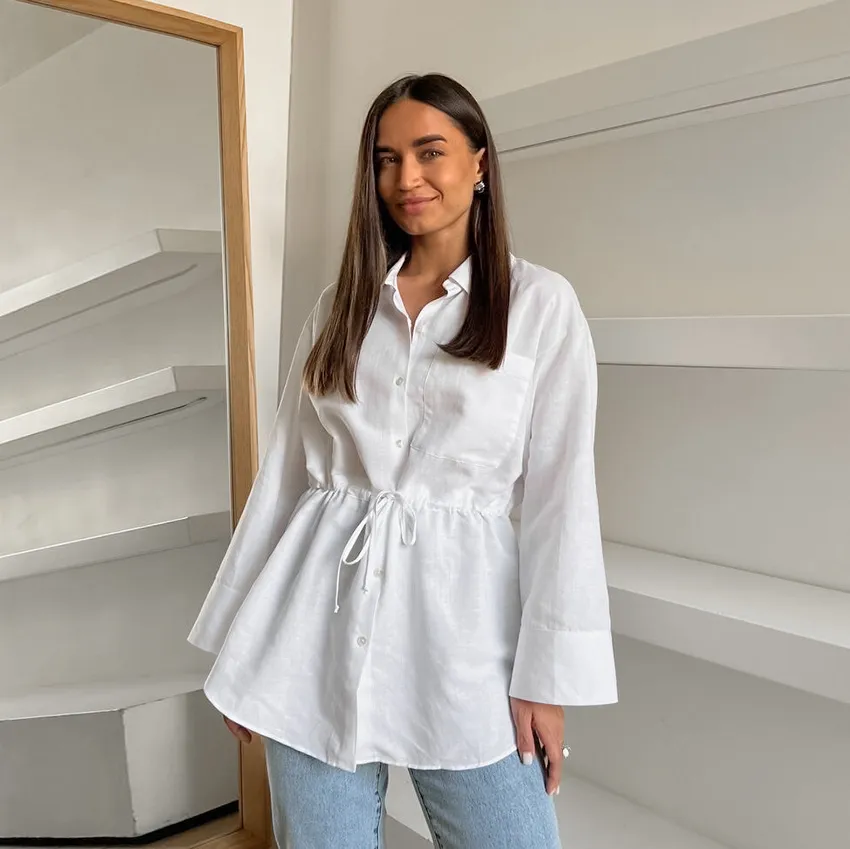 Women's Simple White Cotton And Linen Loose Lapels Shirt - White