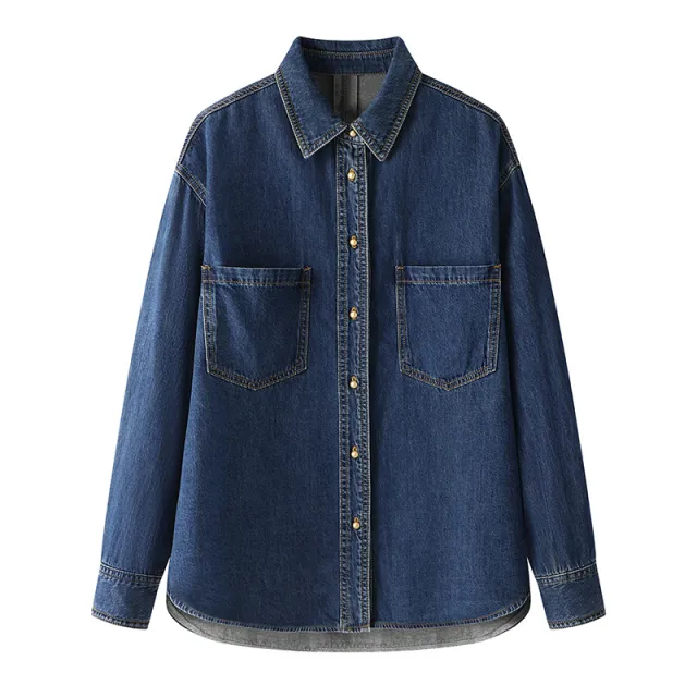 Minimalist Basic Commuter Denim Blue Shirt Top Dark Blue - Shop at LoveMi