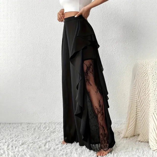 Womens High Waisted Asymmetrical Lace Fashionable Loose Pants Black - Shop at LoveMi