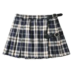 Retro Plaid Pleated Skirt Belt Buckle Learning Skirt - Blue - View 1