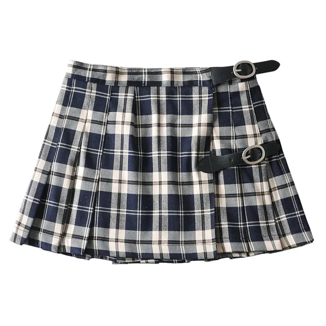 Retro Plaid Pleated Skirt Belt Buckle Learning Skirt Blue - Shop at LoveMi