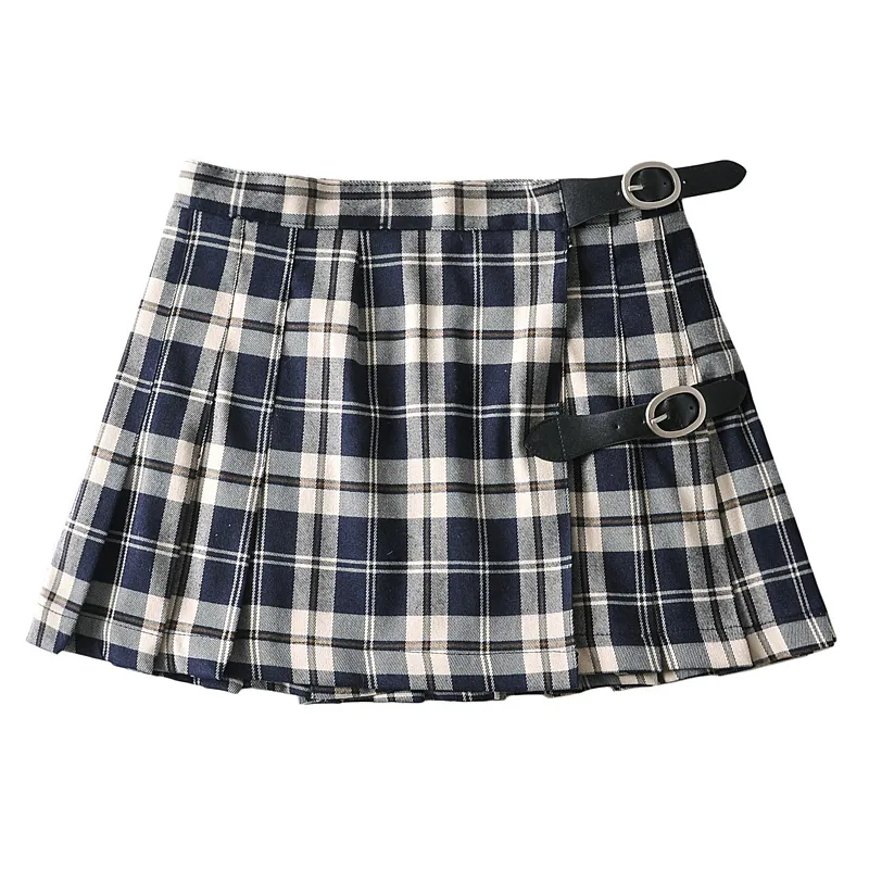 Retro Plaid Pleated Skirt Belt Buckle Learning Skirt - Blue