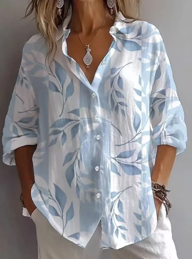 Spring Women's Solid Color Linen Long Sleeve Casual Shirt - Floral 1