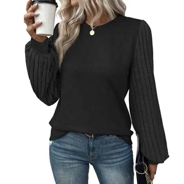 New Solid Color Simple T shirt Female Spring Thread Sunken Stripe Long Sleeve Pullover Top Black - Shop at LoveMi