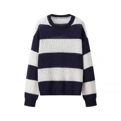 Women's Round Neck Long Sleeve Striped Sweater Top - Blue White - View 1