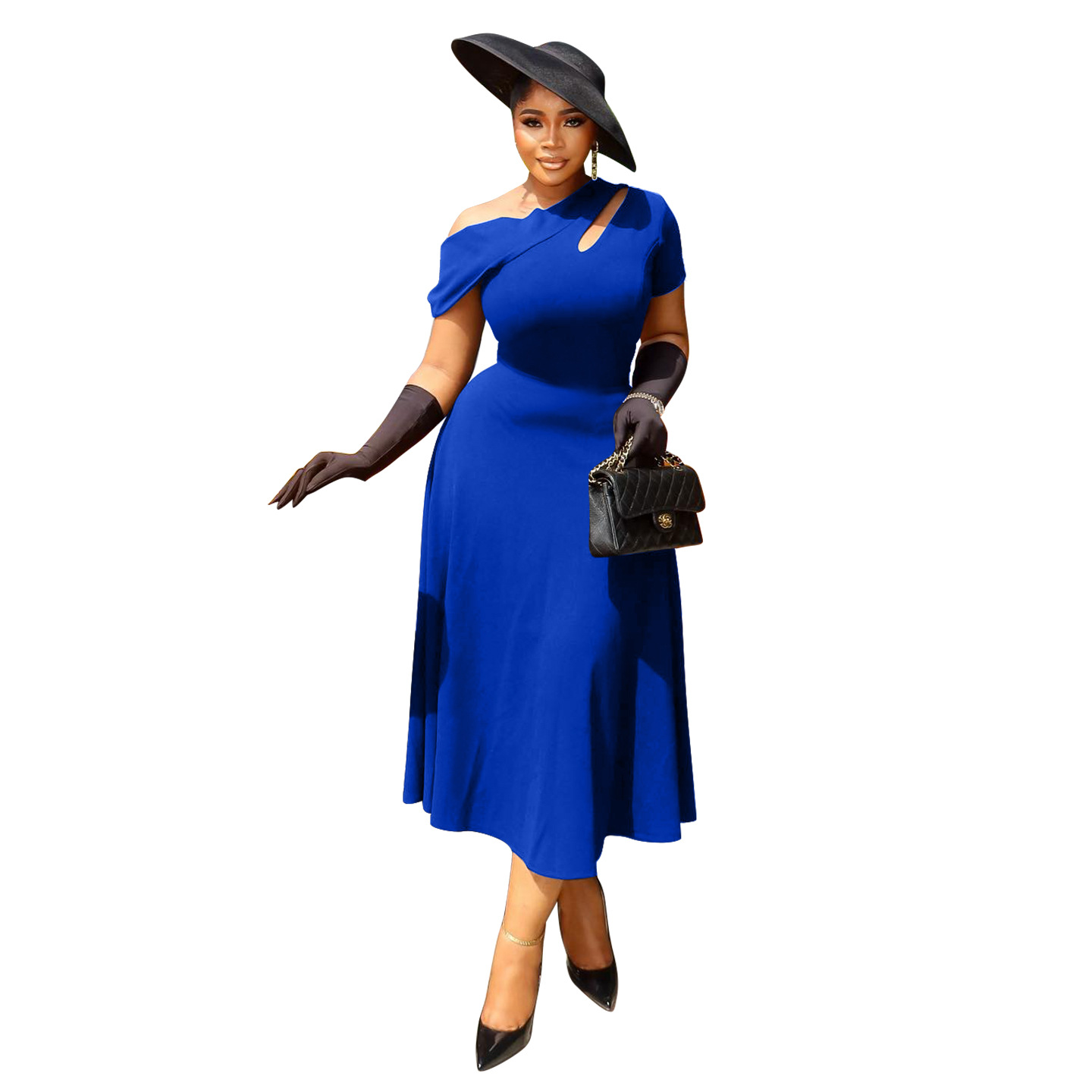 Women's Diagonal Collar Hollow Solid Color Waist Tight Dress