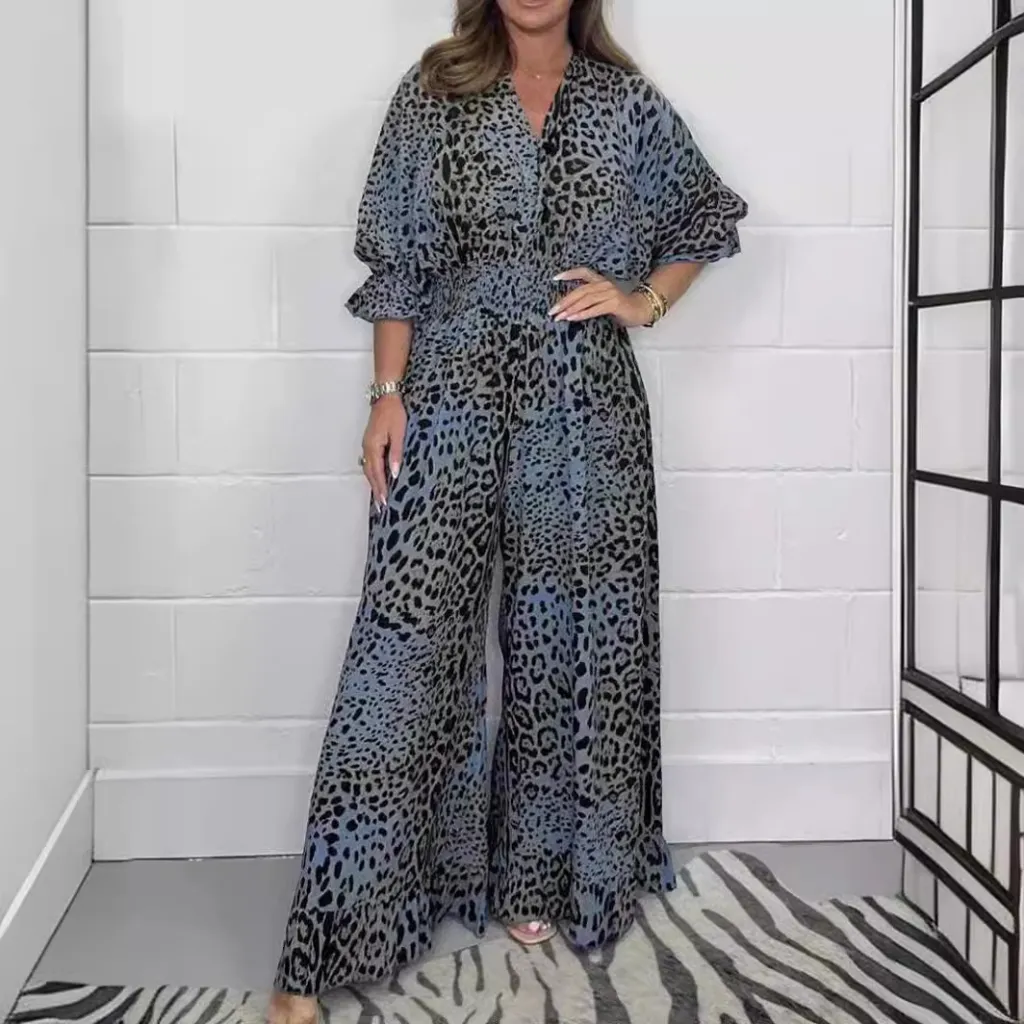 Women's Fashion Leopard Print Casual Jumpsuit - Blue