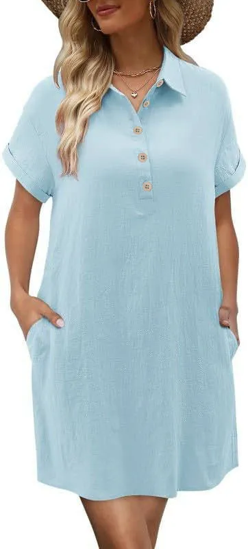 Casual Short Sleeve Buttoned Beach Dress Shirt With Pocket Light Blue - Shop at LoveMi