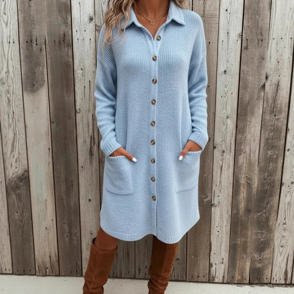 Knitted Button Down Solid Color Long Sleeve Pocket Cardigan Sweater Dress