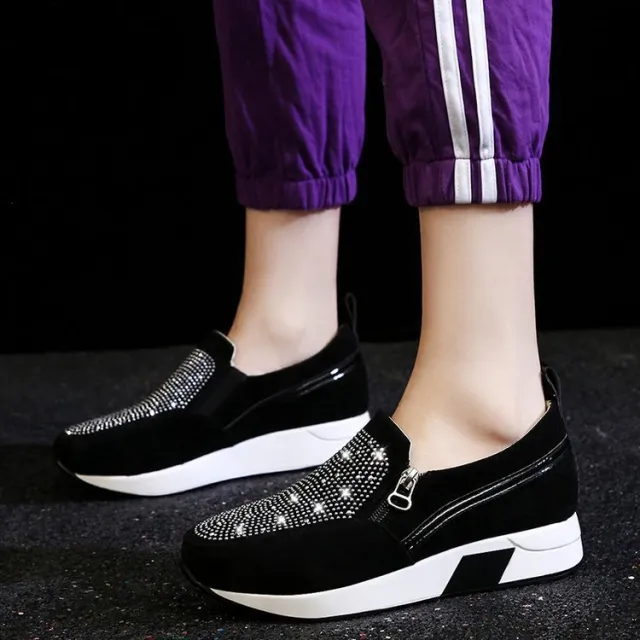 Flat Round Head Rhinestone Thick Bottom Side Zipper Thin Shoes Black - Shop at LoveMi