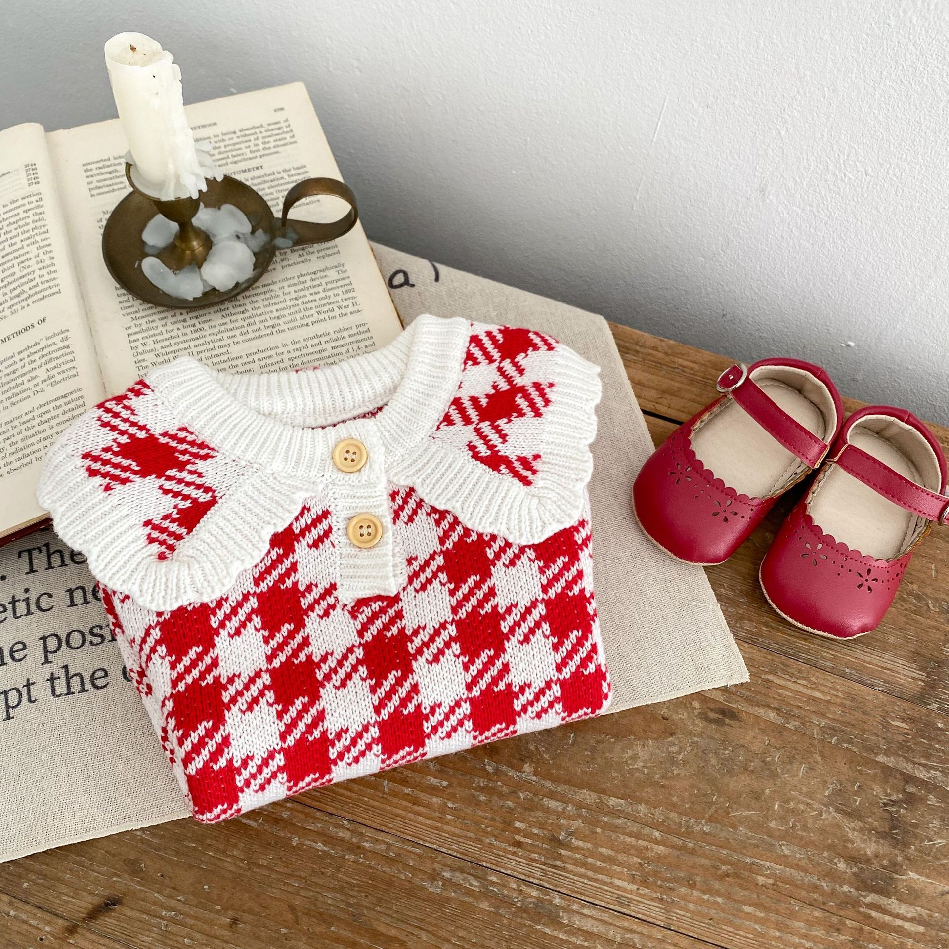 Title 5, Autumn Baby Girl Red Houndstooth Cotton Yarn Kn...