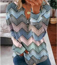 Striped Printed Long-sleeve Zipper Foreign Trade Women's Top - 004 Style - View 1