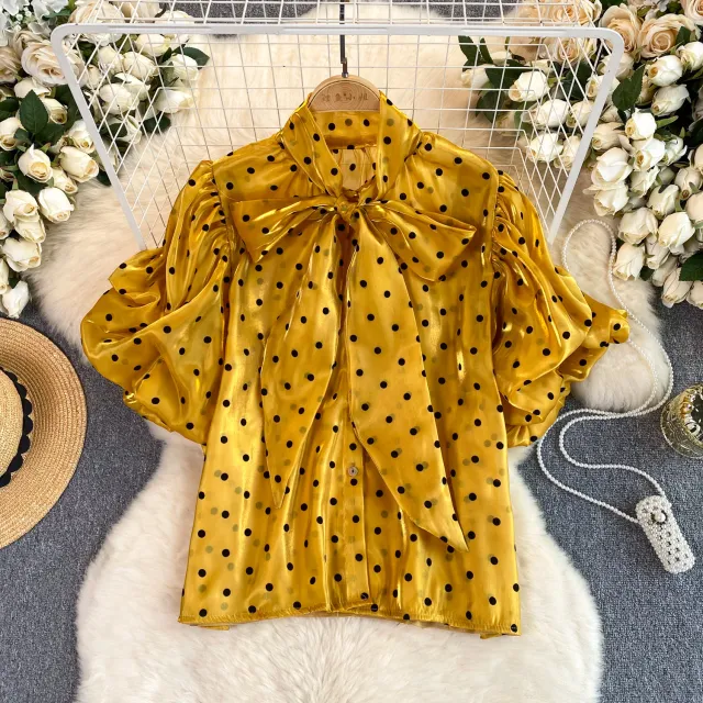 French Style Retro Dots Shirt Female Sweet Bow Collar Yellow - Shop at LoveMi