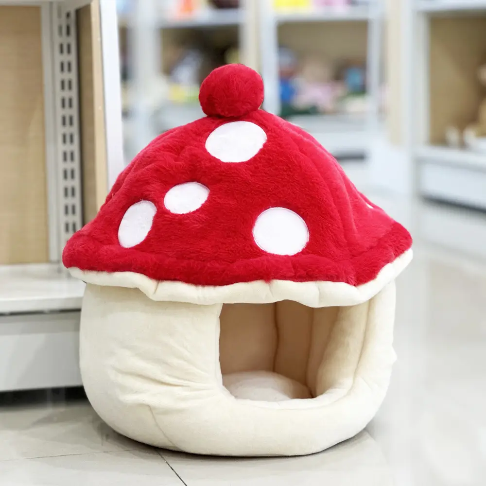 Warm Plush Cute Mushroom Half Surrounded Cat Kennel