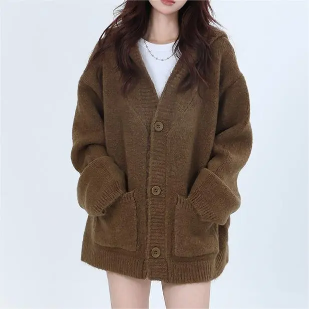 Retro High Sense Hooded Knit Cardigan Brown - Shop at LoveMi