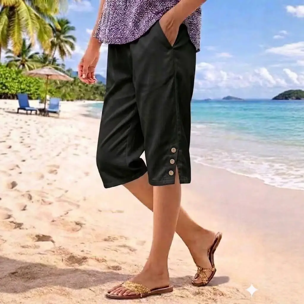 Womens Casual Five-point Shorts With PocketsElastic Waist And Side Slits