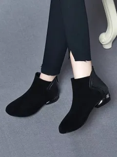 Soft Leather And Velvet Frosted Round Toe Low Heel Ankle Boots - Black - View 1