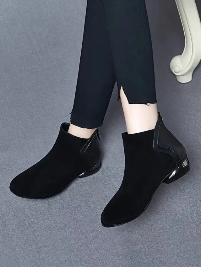 Soft Leather And Velvet Frosted Round Toe Low Heel Ankle Boots Black - Shop at LoveMi