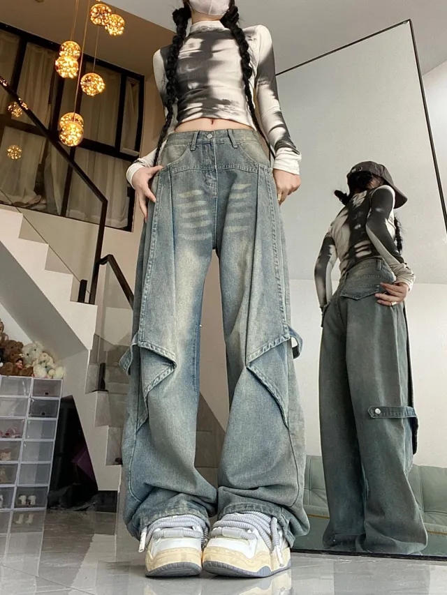High Waist Loose Drooping Width Slightly Flared Jeans Retro Blue - Shop at LoveMi