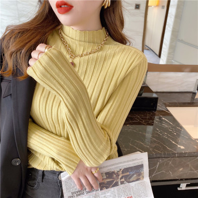 Sunken Stripe Half Turtleneck Bottoming Shirt Ladies Yellow - Shop at LoveMi