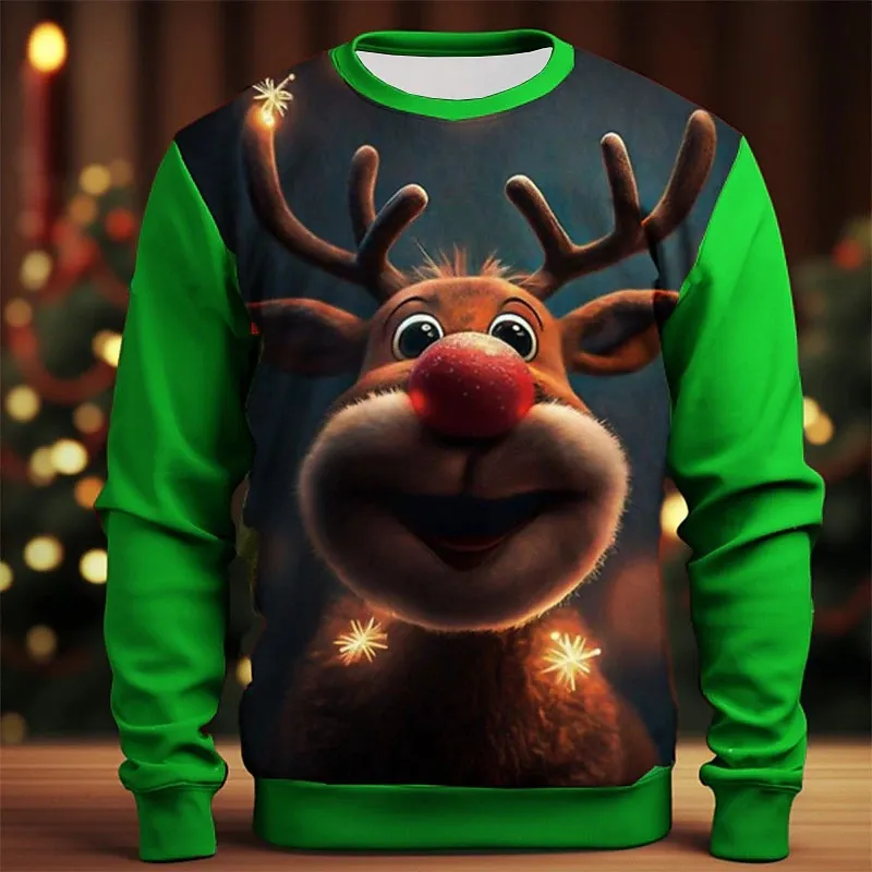 Christmas Elk Printing Round Neck Sweater Base Shirt Colour Matching - Rnst2410311-4Xl