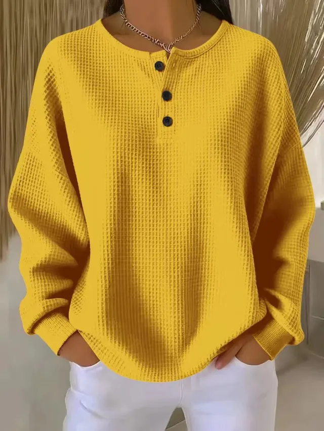 Ins Waffle Long sleeved T shirt Fashion Solid Color Buttons Round Neck Pullover Top Women's Clothing Yellow - Shop at LoveMi
