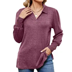 Button Loose-fitting Sanding T-shirt Top For Women - Purplish Red - View 1