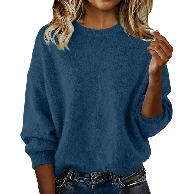 Fashionable Crew neck Solid color Sweater Navy - Shop at LoveMi