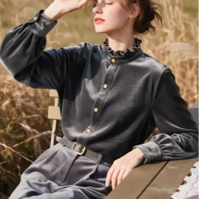 Womens Solid Color Versatile Loose Velvet Shirt Gray - Shop at LoveMi