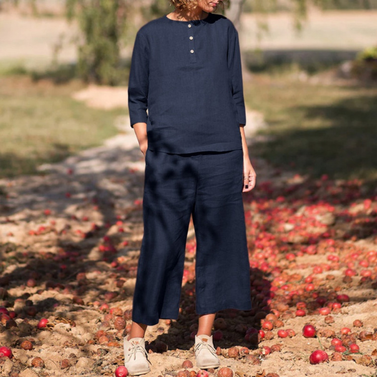 Women's Casual Half Sleeve Pure Color Cotton Round Neck Top Blouse And Pants Dark Blue - Shop at LoveMi