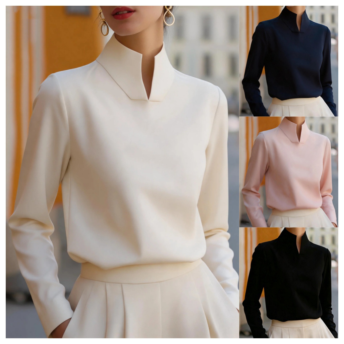 New Chinese-style Mandarin-collar Long-sleeve Blouse Niche Office-chic Top For Women
