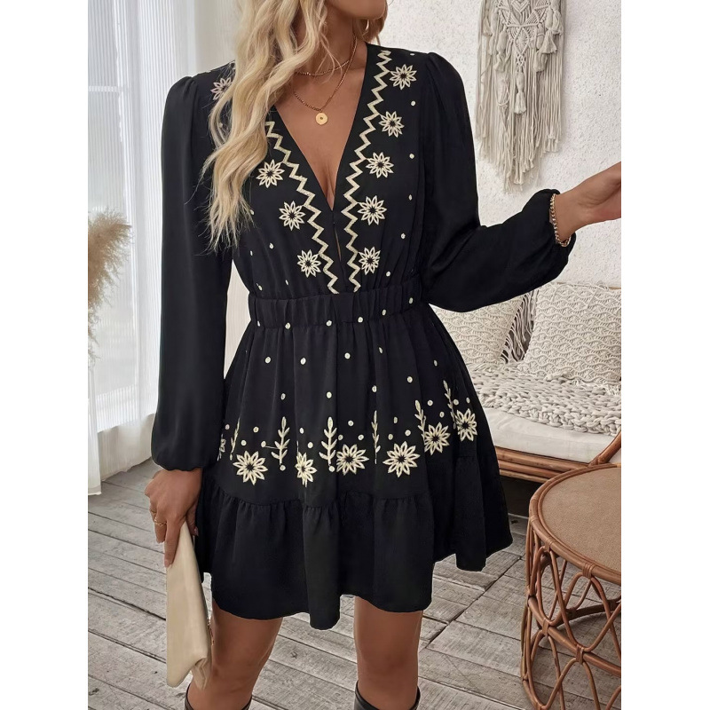 Embroidered Deep V-Neck Long-Sleeve European And American-Style Dress