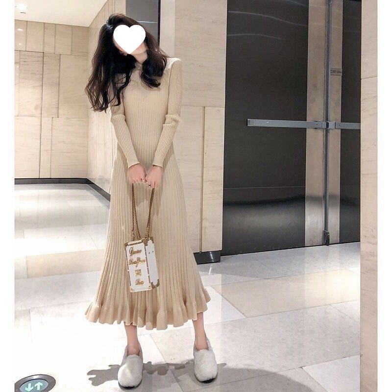 Early Autumn New Knitted Fishtail Flare Dress Apricot Beige - Shop at LoveMi