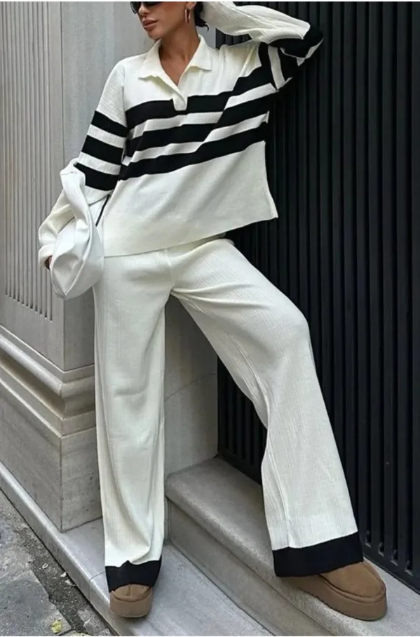 Fashion Women's Casual Polo Collar Striped Knitted Contrast Color Two piece Set White - Shop at LoveMi