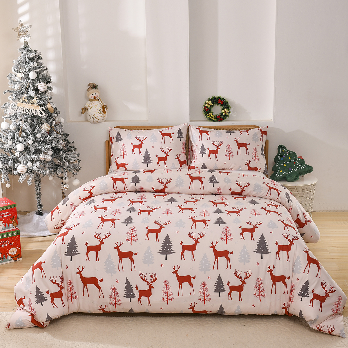 Christmas Forest Deer Pattern Quilt Cover Three-piece Set