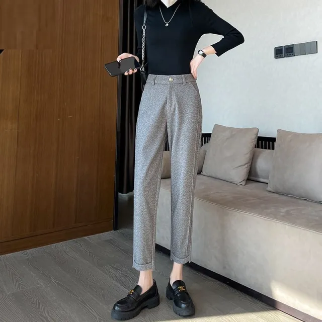 Small Women's Autumn And Winter Herringbone Pattern Woolen Trousers Gray - Shop at LoveMi
