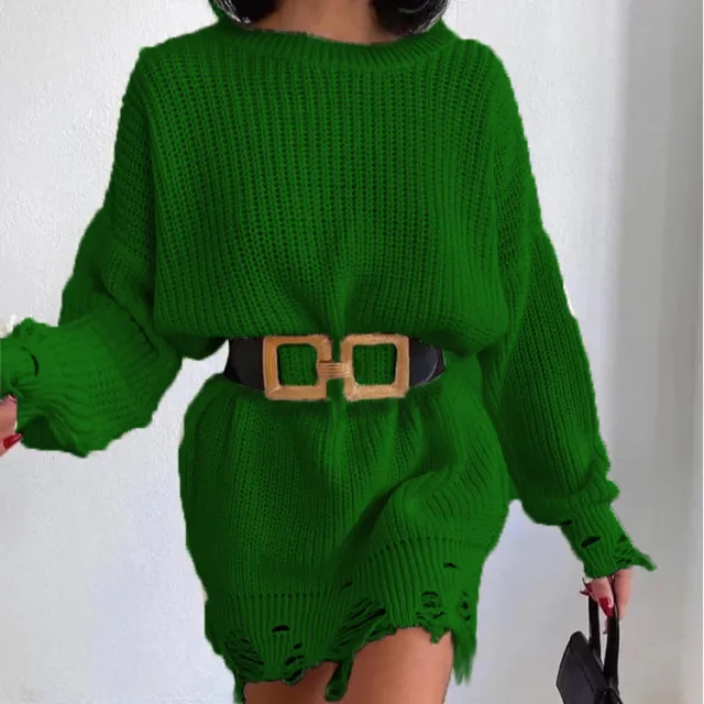 Solid Color Round Neck Long Sleeve Burrs Loose Knitted Pullover Green - Shop at LoveMi