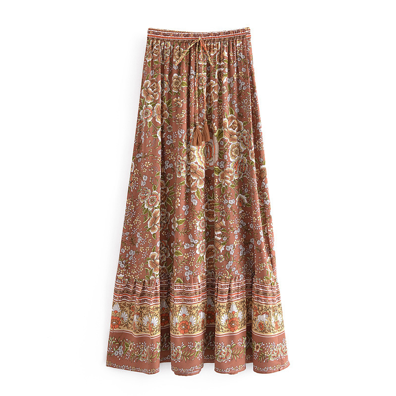Bohemian Resort-style Cotton A-line Skirt With Water-based, Position-printed Floral Design