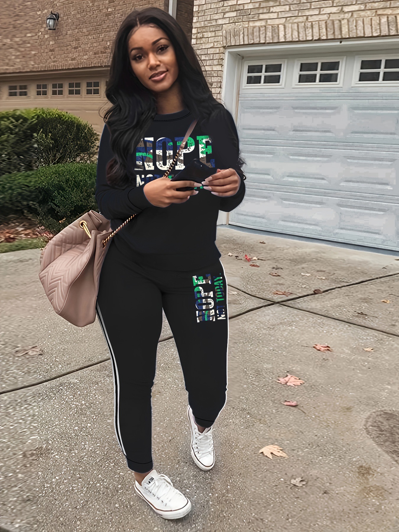 Women's Autumn And Winter Fleece-lined NOPE Letter Printing Long Sleeve Trousers Suit