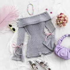 Women's Elegant Off-shoulder Long Sleeve Tights - Light Grey - View 1