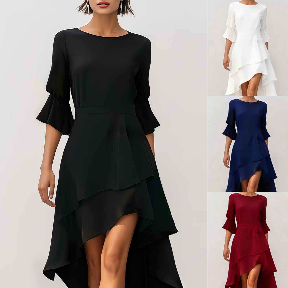 Womens Three Quarter Sleeve Irregular Dress With Ruffled Hem
