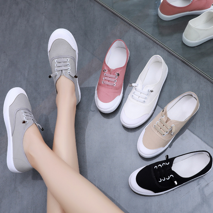 Womens Versatile White Canvas Shoes Student-friendly Flat-soled Sneakers