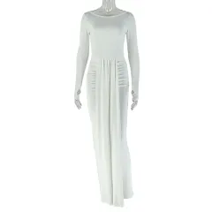 Round-neck Long-sleeved Waist-trendy Dress - White - View 1