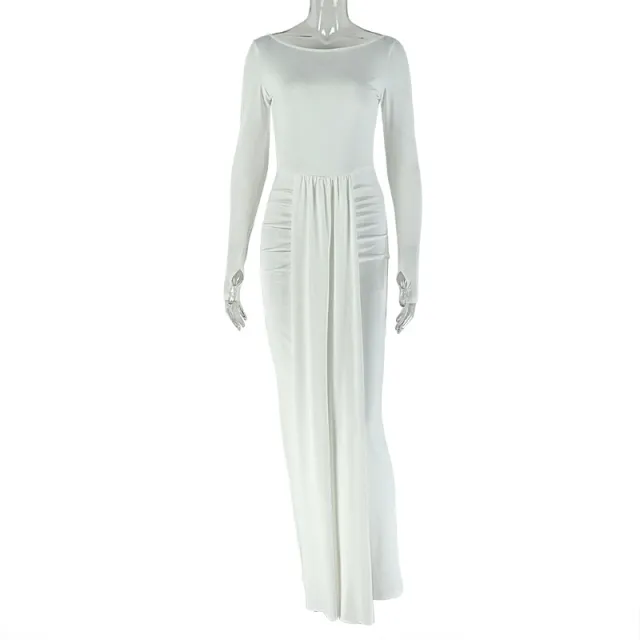 Round neck Long sleeved Waist trendy Dress White - Shop at LoveMi
