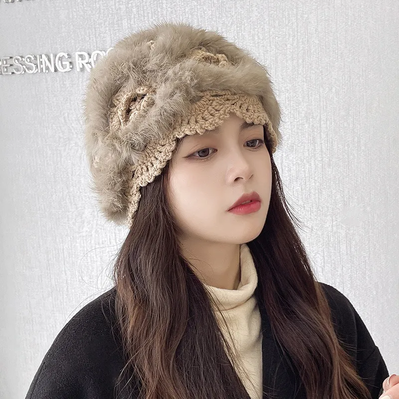 Handmade Rabbit Fur Straw Hat Female White Fur Hat Knitted Woolen Cap - Camel