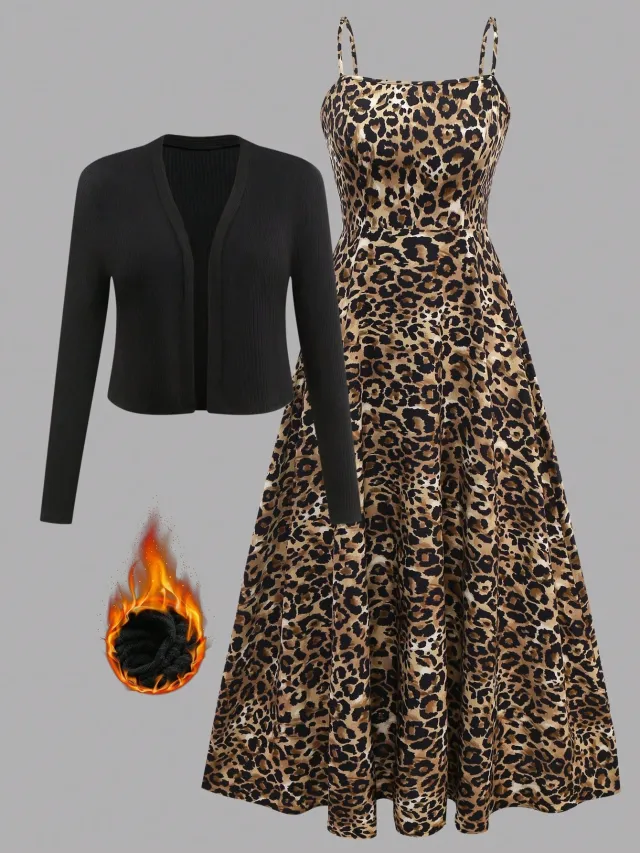 Elegant Womens Knitted Short Coat With A Printed Slip Dress Black - Shop at LoveMi
