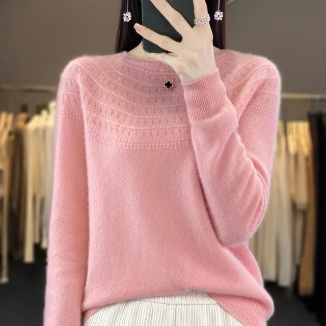 Seamless Front Line Ready made Garments Curling Collar Hollow Sweater Pink - Shop at LoveMi