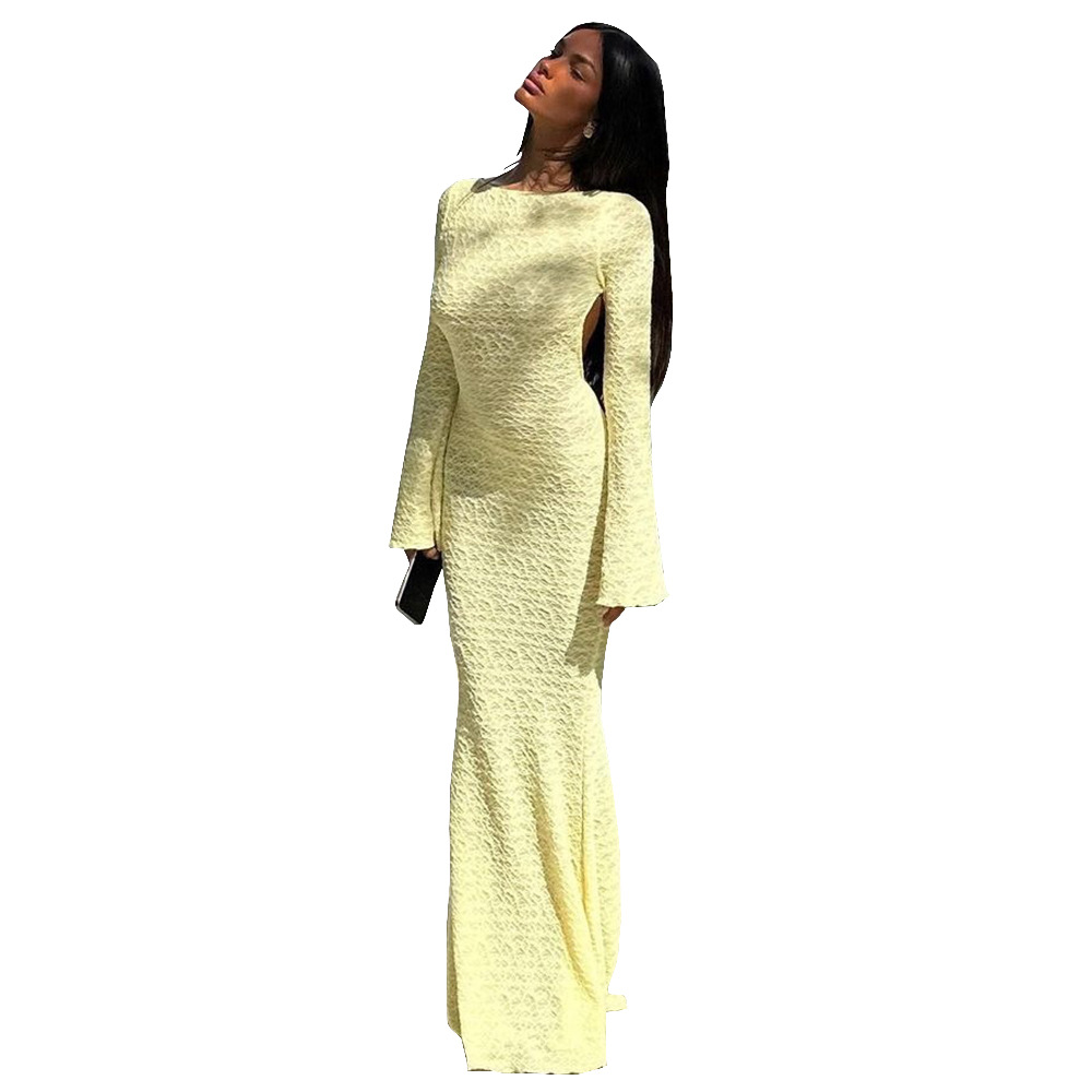 Backless Solid Color Flared Long Sleeve Round-neck Long Dress